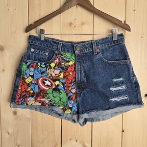 Levi's 560 Cut Off Denim Marvel Comics Superhero Shorts Upcycled Womens Size 30